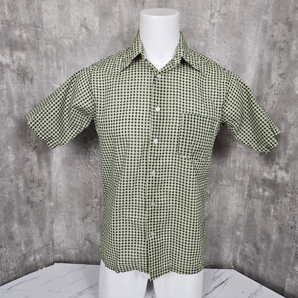 Vintage‎ 70s 80s Kingsport Mens M Green Plaid Short Sleeve Button Up Shirt